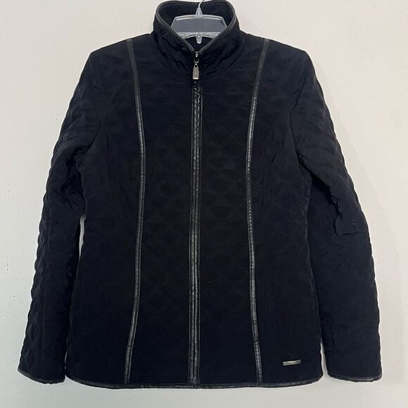 Esprit Outerwear Quilted Jacket Small Black Chore Coat Faux Leather Trim Fleece - Picture 1 of 8